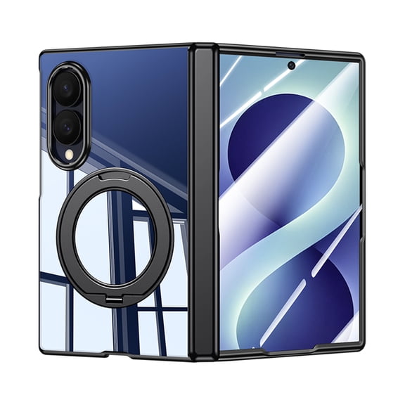 Magnetic Hinge Protection Case for Samsung Galaxy Z Fold 8, Stylish Plated PC Frame, Tempered Glass Front Back, Luxury Ring Kickstand Shockproof Scratch-Resistant Phone Cover, Black