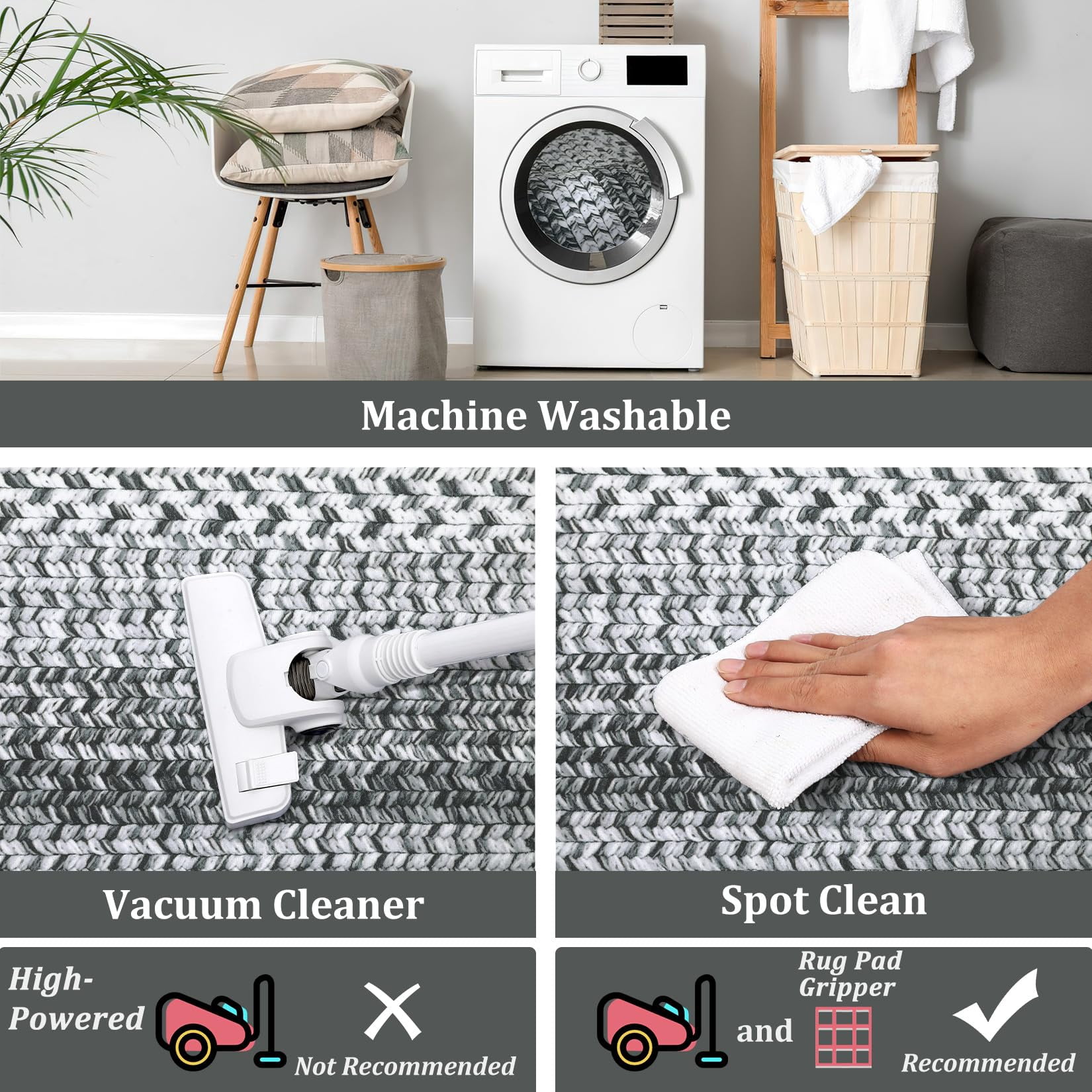 Modern Washable Area Rug 9'x12' Vintage Braided Print Non-Slip Low Pile Carpet for Living Room Bedroom Home Office, Gray