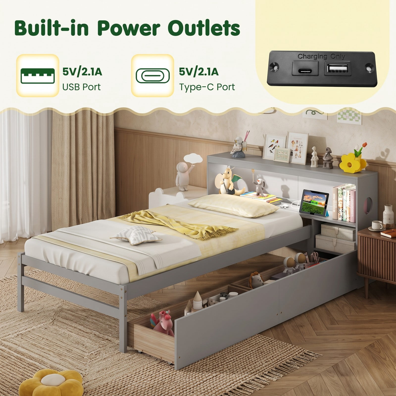 Furnibear Twin Bed Frame with Storage, Wood Bed Frame with LED Bookcase Headboard Nightstand and 2 Drawers for Bedroom, No Box Spring Needed, Gray