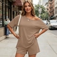 thumbnail image 4 of Dresfit Shorts Sets for Women Short Sleeve Crew Neck Off Shoulder Tops & Mini Shorts 2 Piece Outfits Summer 2026 Loose Wrinkle Resistant Outfits S, 4 of 6