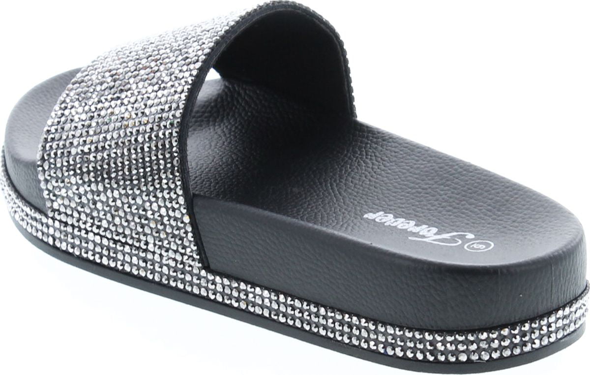 Forever Link Viste-07 Rhinestone Glitter Slide Slip On Flatform Footbed Sandal Slippers 