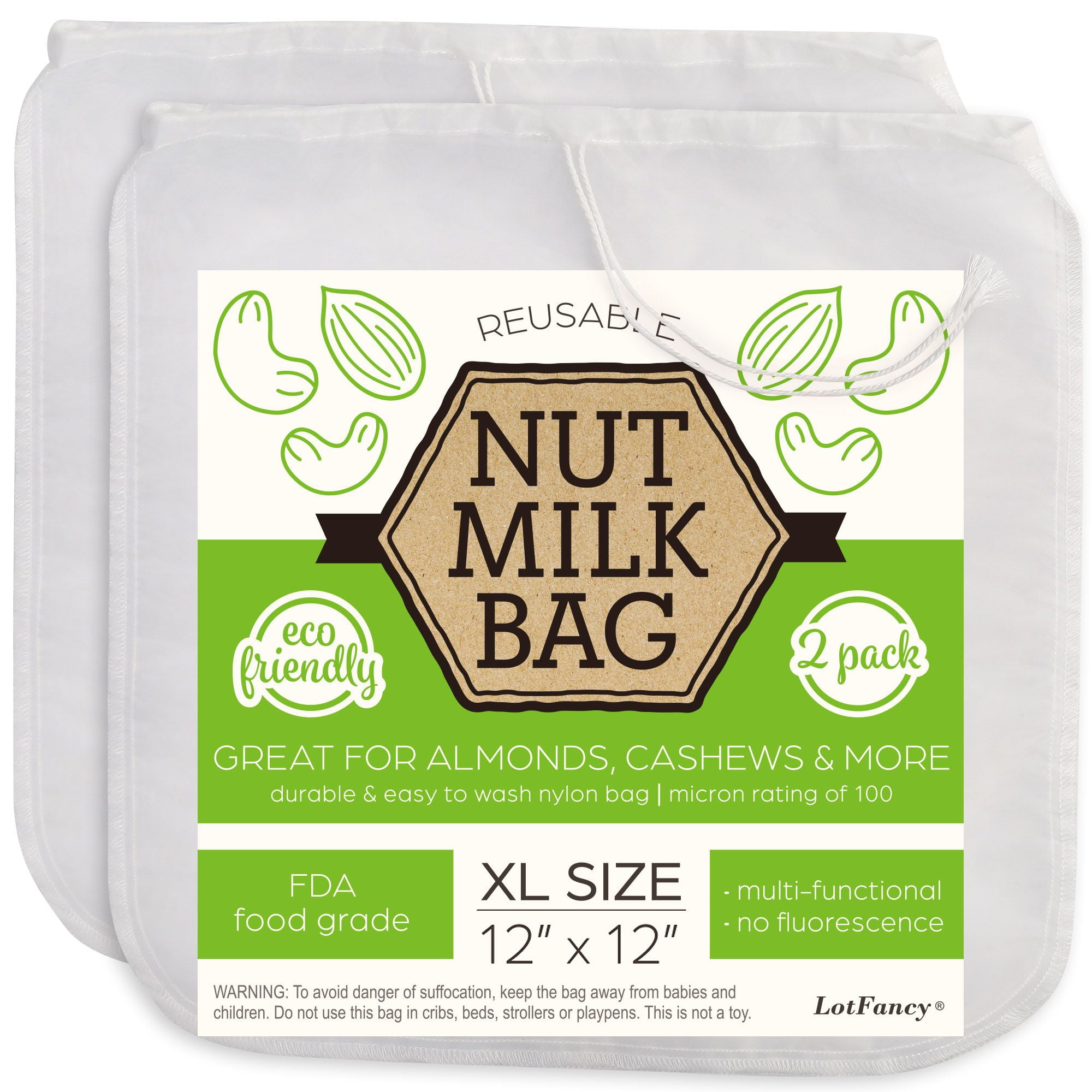 LotFancy 2 Nut Milk Bags, 100 Micron, 12x 12 in Reusable Mesh Strainer