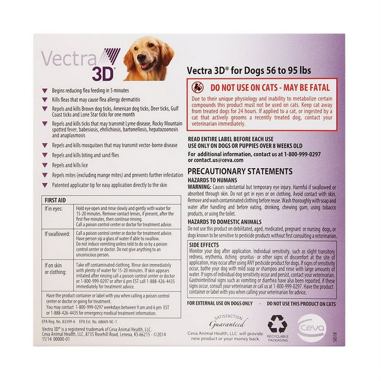 Vectra 3D Flea Tick Spot Treatment for Dogs 56 to 95 lbs dose