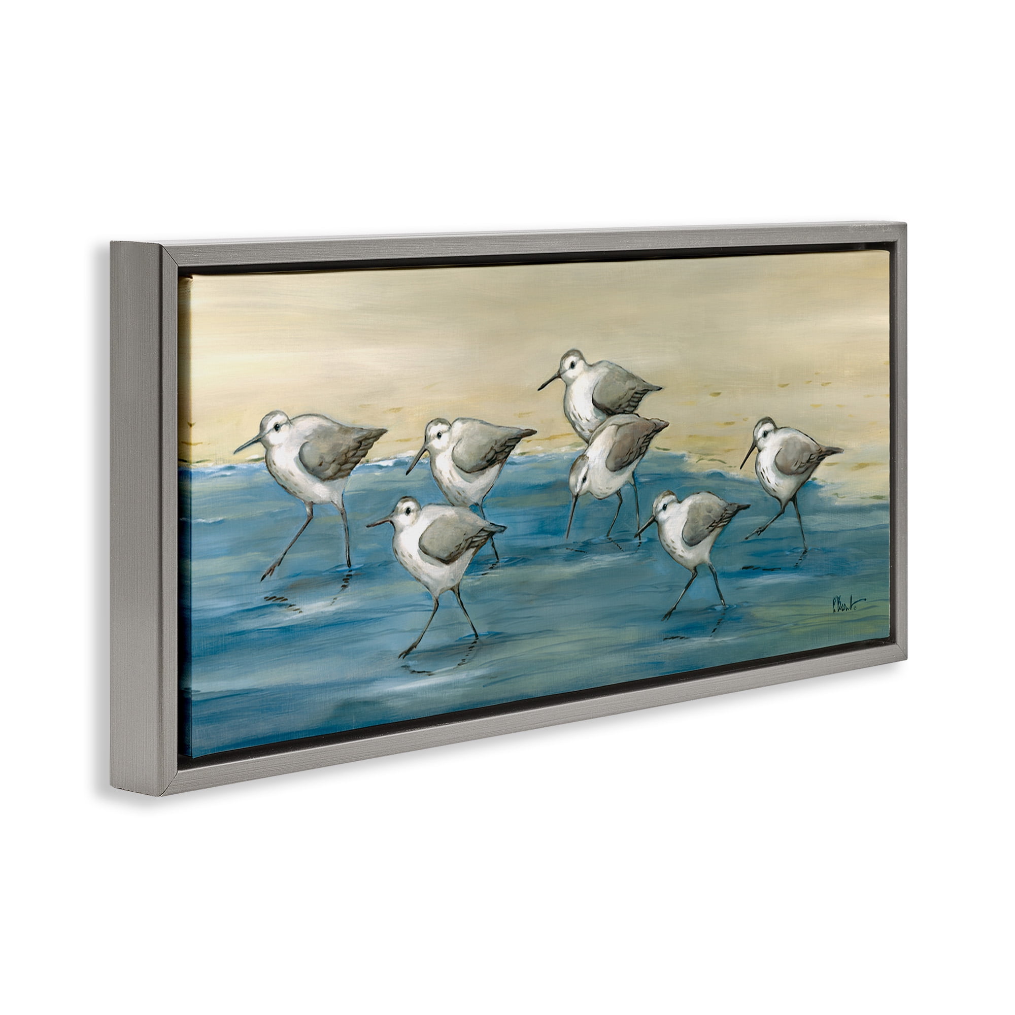 Stupell Industries Sandpiper Bird Flock Beach Shoreline Nature Painting Gray Floater Framed Canvas Art Print Wall Art, 31 x 14