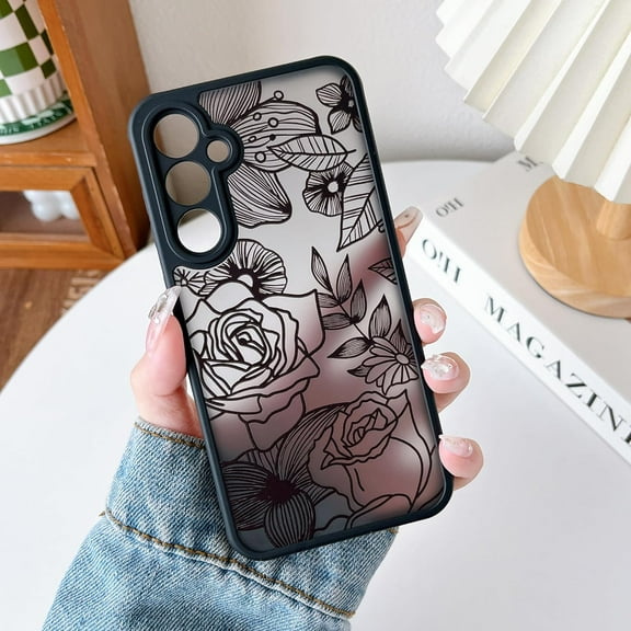 for Samsung Galaxy S23 FE Case, Floral Samsung S23 FE Case Cute Aesthetic Rose Flower Pattern Case for Women Girls, Slim TPU Bumper Shockproof Protective Case for S23 FE, Black