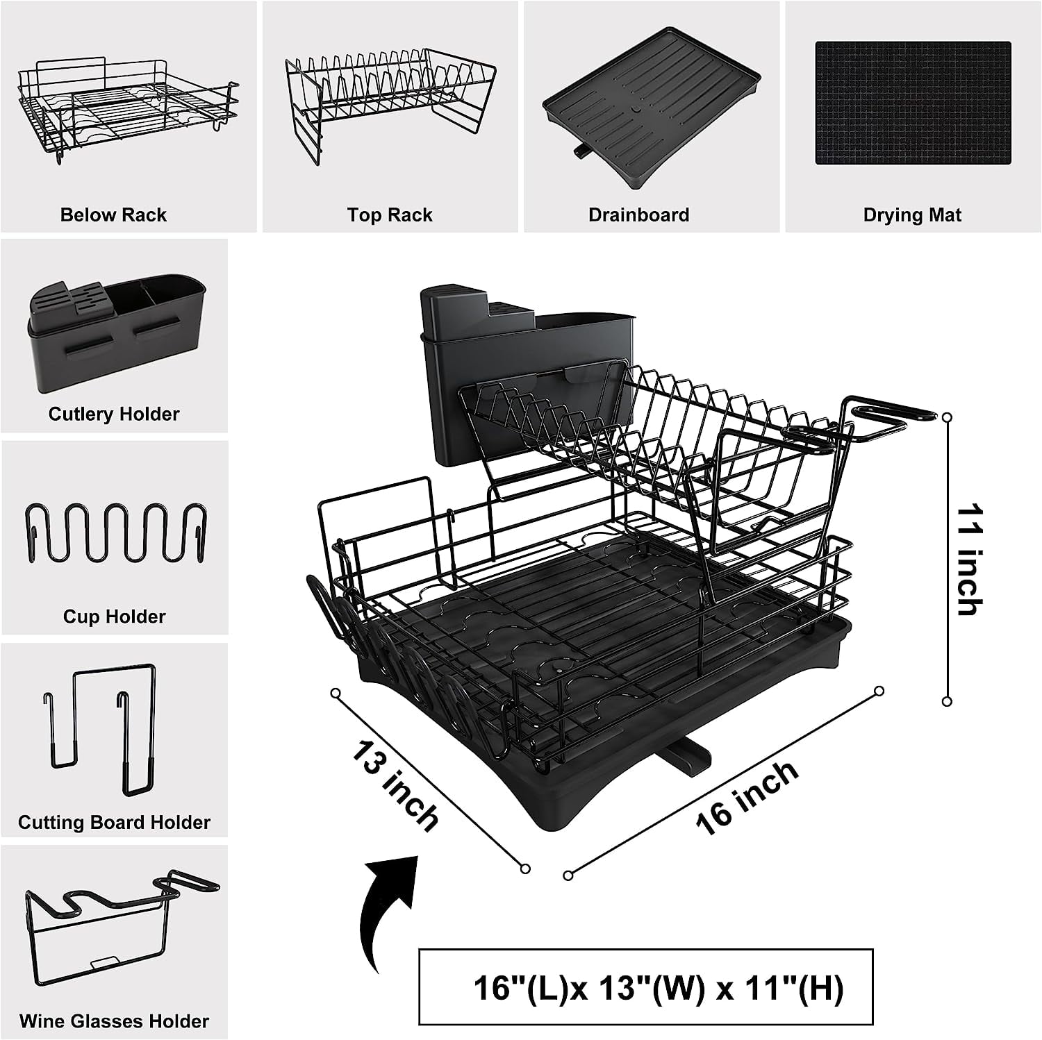 Behost Dish Drying Rack with Drying Mat, Space Saving 2 Tier Stainless Steel Dish Racks Organizer, Rust Resistant Dish Strainers Drainer for Kitchen Counter, Kitchen Sink Accessories - Black