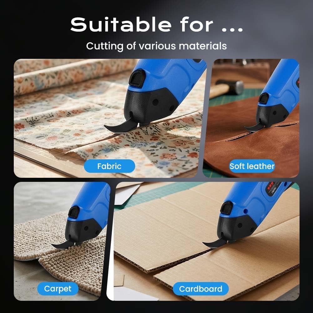 ABPETE Cordless Electric Scissors,Rechargeable Cordless Scissors Fabric Cutter, Heavy Duty Electric Box Cardboard Cutter, Multi-funtion Tool for Cutting Crafts,Box,Sewing,Carpet (Blue-2 Blade)