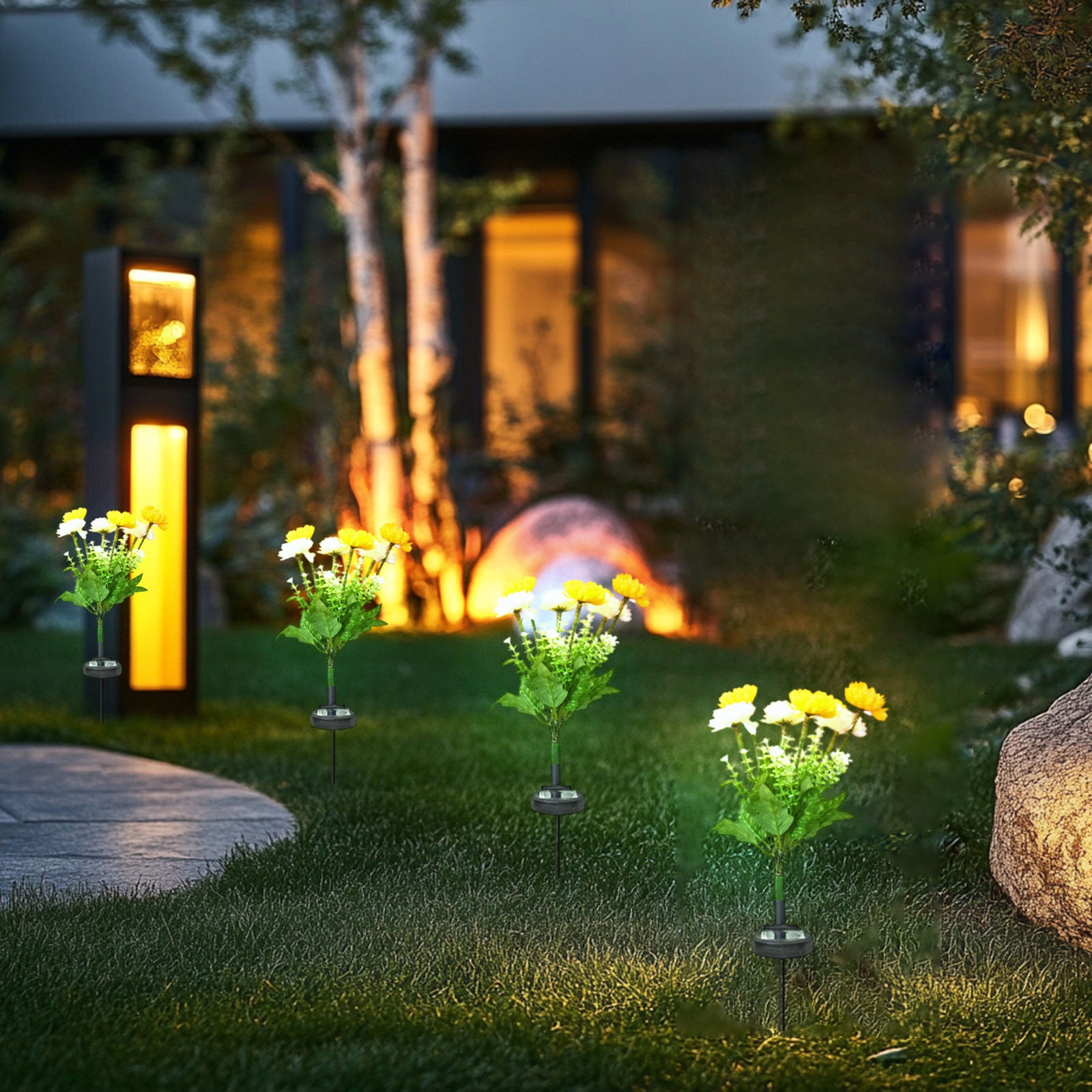 Solar Garden Lights LED Colorful Waterproof Realistic Solar Powered Snow Lotuss Landscape Lights Automatic Lighting In Darkness for Pathway Patio Yard Garden Decor (Yellow + White)