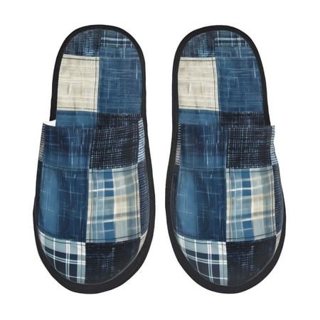 Balery Indigo Patchwork Quilt Slient Indoor Furry Fleece Comfort House Shoes Soft Non-Slip Home Shoes Cotton slippers House Slippers-- Large