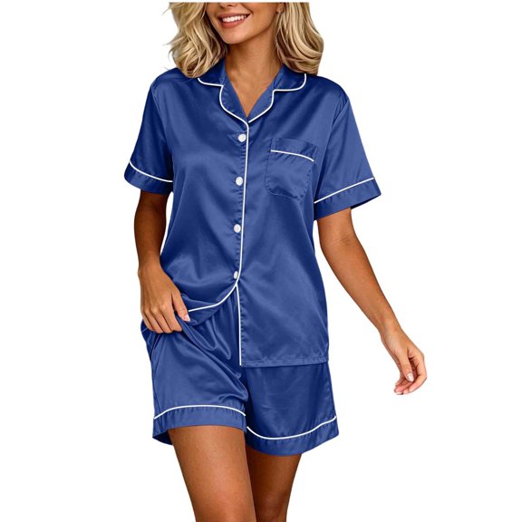 Sevevn Women's Satin Pajama Set Lapel Short Sleeve Button Down Top and Shorts 2 Piece Loungewear