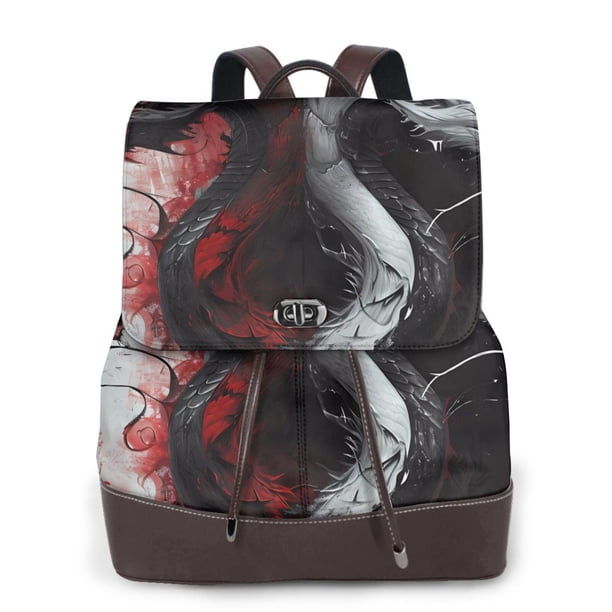 Balery Cool Black And White Dragon Mochila de Cuero para Mujeres, Gran Capacidad, Bolsa de Viaje Multifuncional, Mochila de Cuero y Bolsa de Hombro para Mujeres