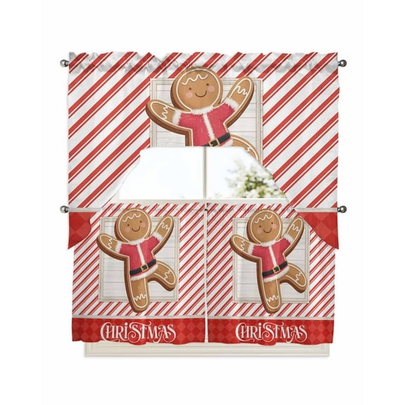 Merry Christmas Kitchen Curtains Swag Valance and Tier Curtains Set 24 Inch Length, Xmas Gingerbread Red Striped Winter Rod Pocket Drape Panels Pair Swag Curtains for Bathroom/Cafe/Window