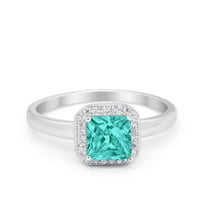 Halo Princess Paraiba Tourmaline CZ Engagement Ring 925 Sterling Silver Size 9