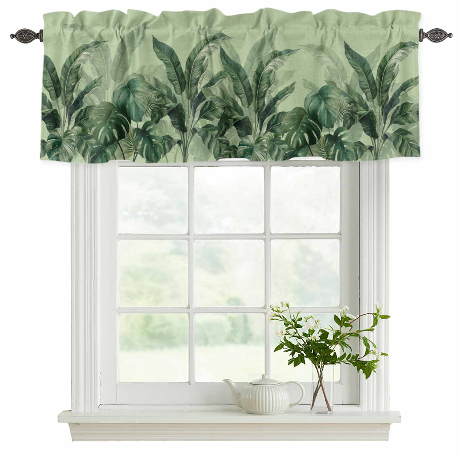 2 Pack Valances for Windows, Palm Leaves Tropical Window Valances for Living Room/Bedroom/Bathroom, Green Botanical Summer Green Ombre Light Filtering Kitchen Curtain Valance 54"W x18" L