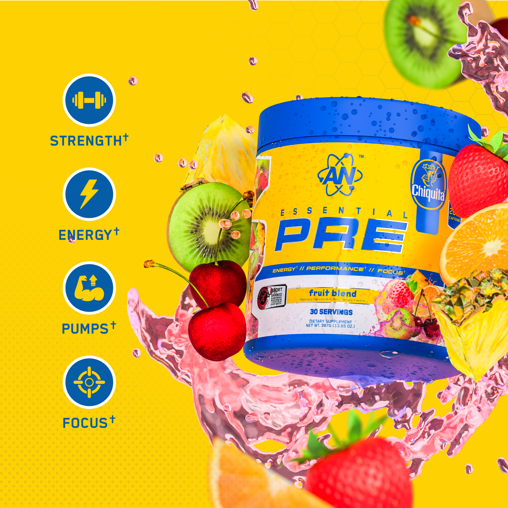 AN Supps Essential PRE Workout Powder Fruit Blend, 200mg Caffeine, No Sugar, Vegan, Gluten & Soy Free, Chiquita® Natural Flavor, Pre-Workout Energy Drink – 30 Servings