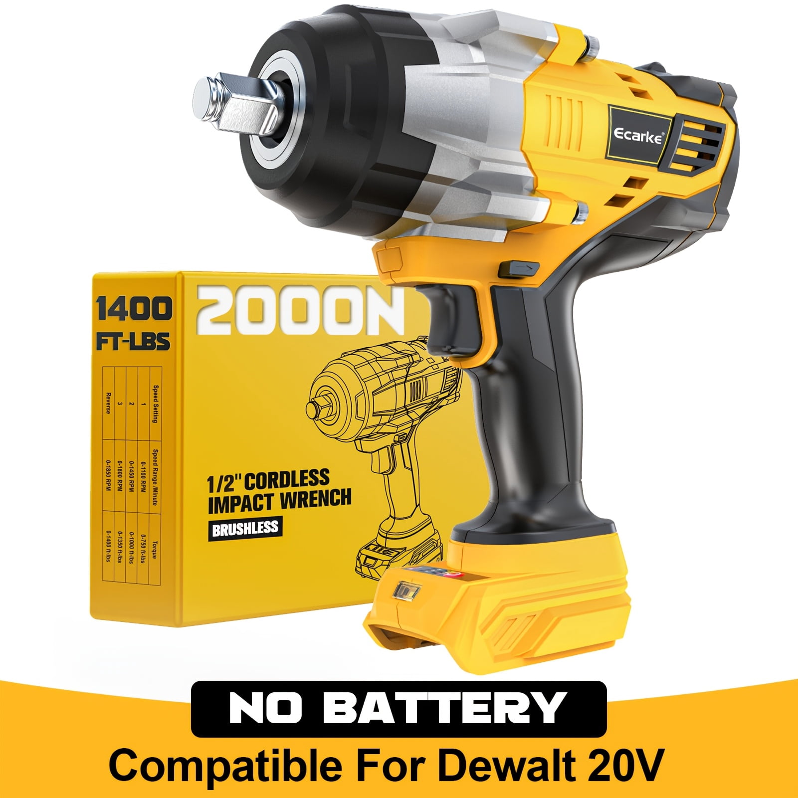 Cordless Impact Wrench 1/2" for DeWalt 20V Battery, 1400 Ft-lbs (2000 Nm) High Torque Impact Driver, Brushless Electric Impact Gun with 4 Modes & LED Light for Car, Truck, Mower（NO BATTERY)