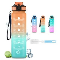 32oz Water Bottle with Time Marker & Straw lid for Gym,Motivational Fitness Sports Water Jug with Removable Strainer,Dishwasher Safe,Leakproof,Safety Lock,No BPA,Orange green