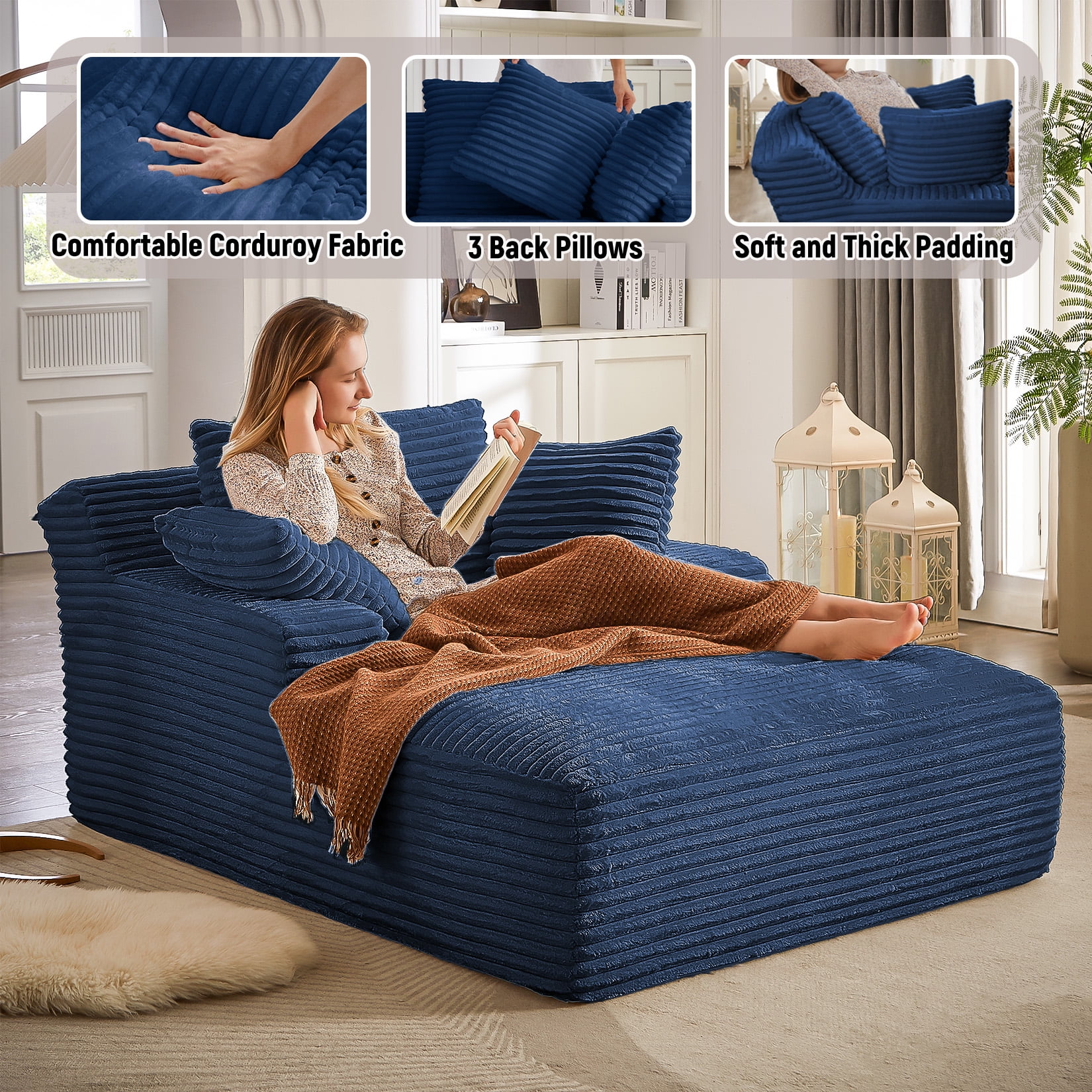 Chaise Lounge Chair Indoor, 50'' Upholstered Sofa Bed with 2 Throw Pillows, Comfy Lounge Indoor, Sleeper Reading Chair, Oversized Recliner Sofa, Fluffy Couch (Blue)