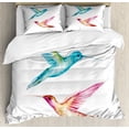 thumbnail image 1 of Watercolor Duvet Cover Set King Size, Colorful Aquerelle Hummingbirds with Brush Marks Effect Avian Animal Design, Decorative 3 Piece Bedding Set with 2 Pillow Shams, Multicolor, by Ambesonne, 1 of 3