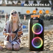JYX Large Bluetooth Speaker, Portable Big Party Speaker with Wheels, Trolley Bar, DJ Light, Deep Bass Stereo System with 2 Wireless Mics and Remote, T9