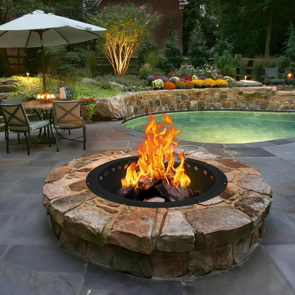 Outdoor Smokeless Fire Pit Ring 34 Inch Outer/30 Inch Inner Diameter, Heavy Duty Metal Round Liner Insert for Outside  Campfire or Bonfire Ring, Above or In Ground Use