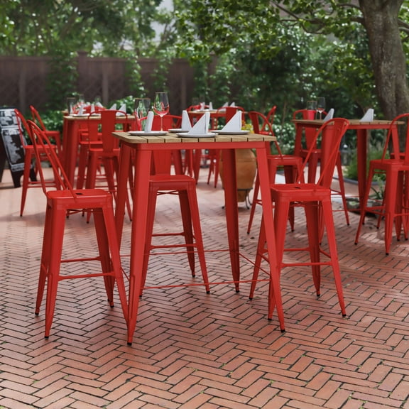 BizChair Commercial Indoor/Outdoor Bar Top Table, 31.5" Square All Weather Brown Poly Resin Top with Red Steel base