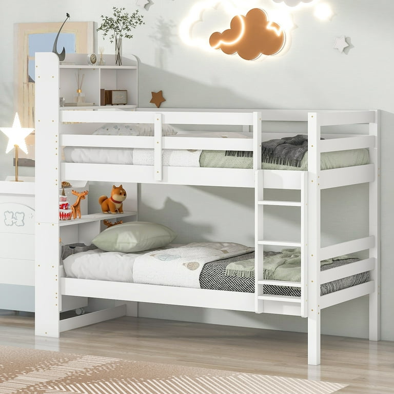 Twin Over Twin Bunk Beds with Bookcase Headboard Solid Wood Bed Frame with Safety Rail and Ladder Kids Teens Bedroom Guest Room Furniture Can Be