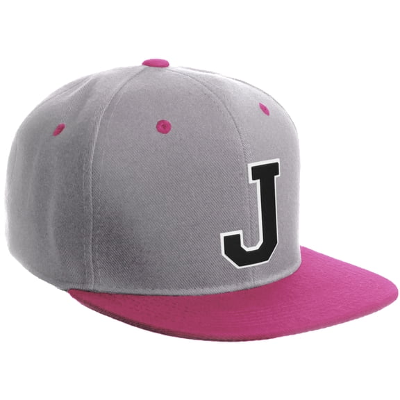 Daxton Classic Snapback Hat Custom A to Z Initial Varsity Letters, Light Grey Hot Pink Hat White Black Letter J