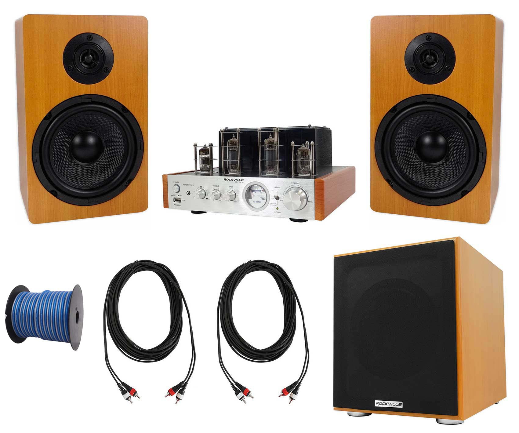 Rockville BluTube Bluetooth Tube Amplifier+6.5 inches Wood Bookshelf