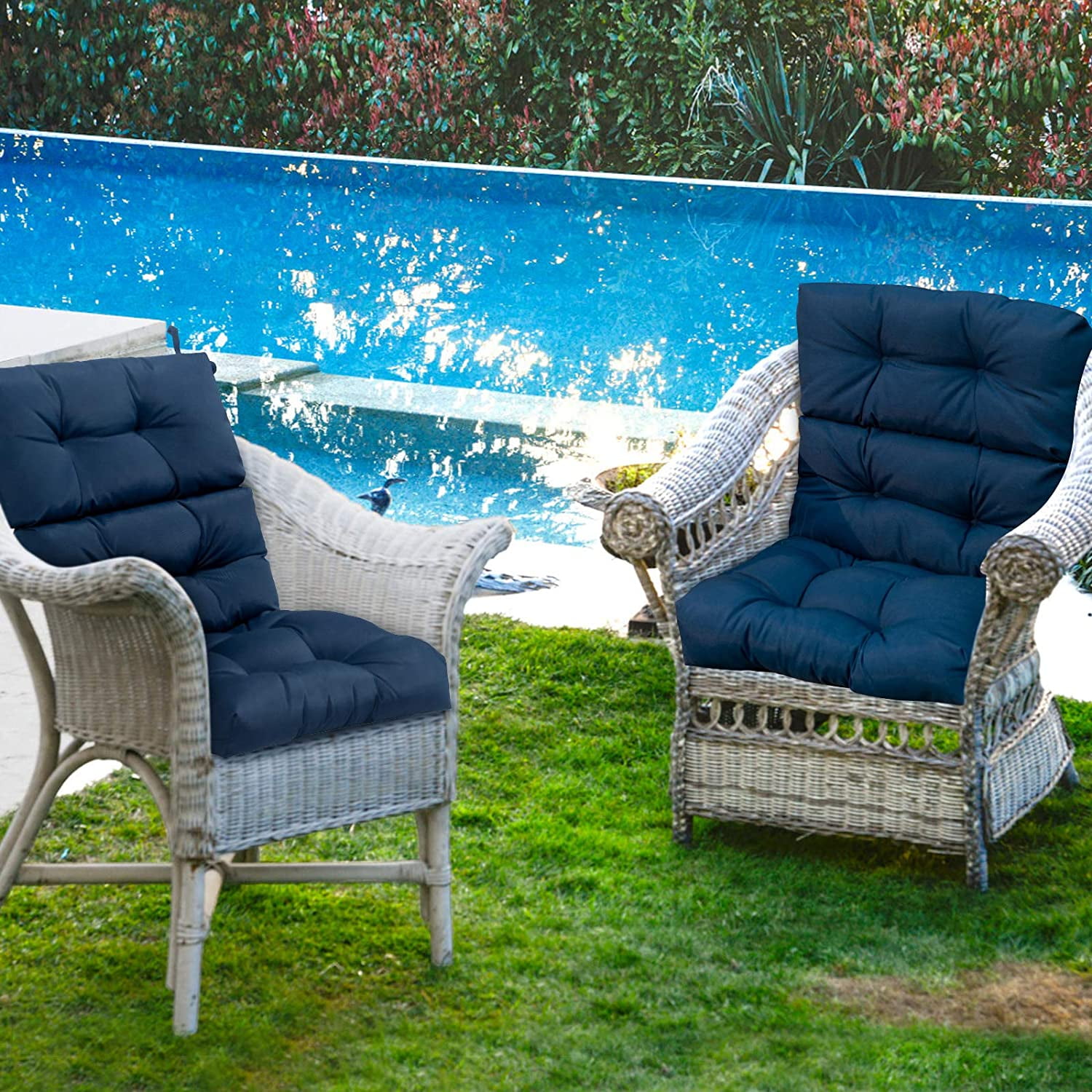 Miemie Outdoor Chair Cushions 45” x 22” x 4.5”, High Back Tufted Seat Cushion with Ties, Waterproof All-Weather Indoor Rocking Chair Replacement Pads, Patio Wicker Furniture Cushions, Navy