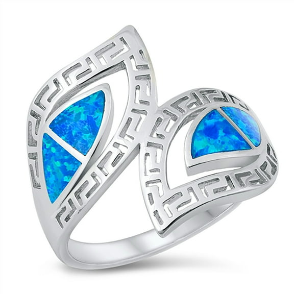 Blue Simulated Opal Green Design Twin Design Ring Sterling Silver Size 9