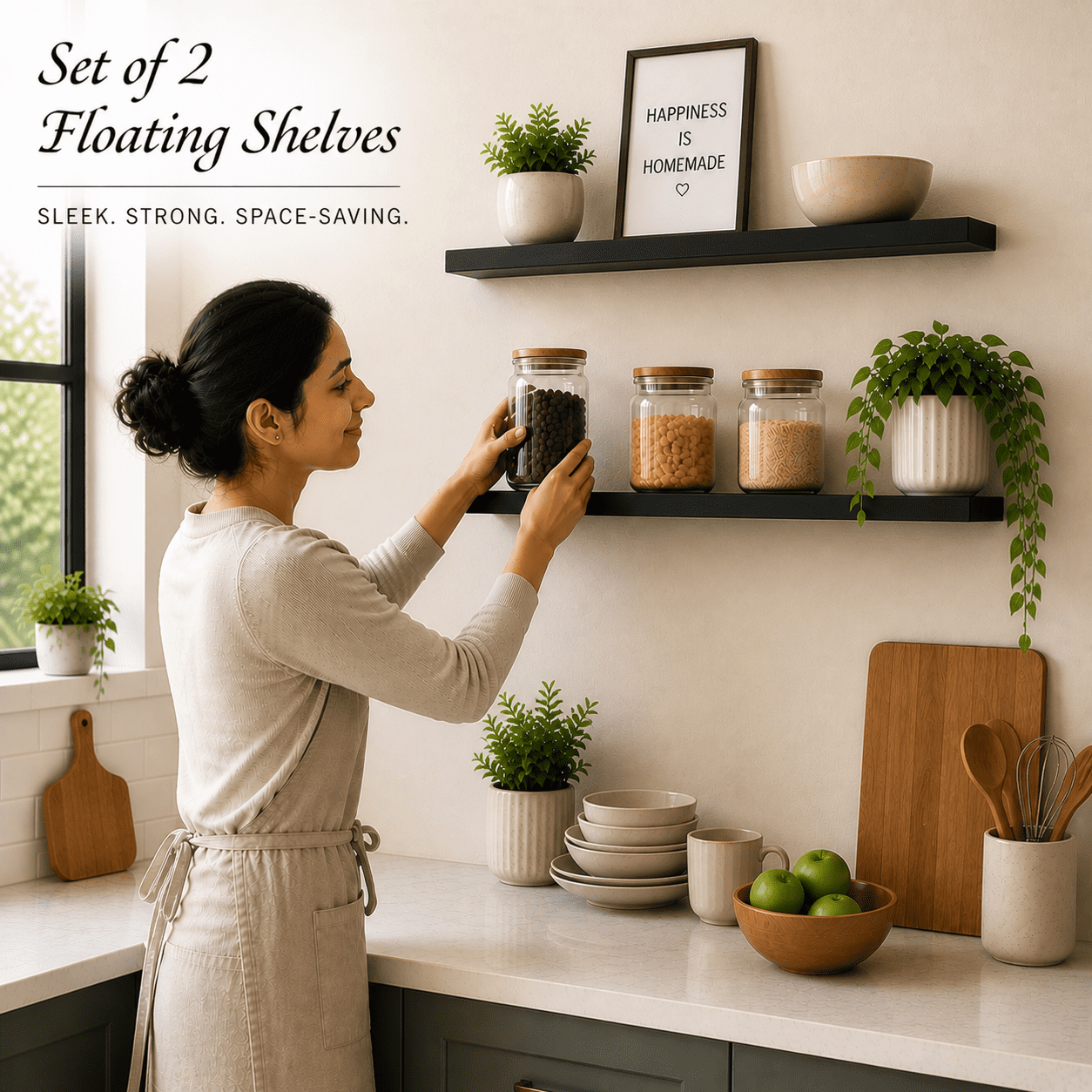 Induslyfe Large Black Floating Wall Shelves, Wood Wall Mounted Shelf, Set, 22.5 x 6.7 in, Set of 2, shelf over toilet farmhouse decor