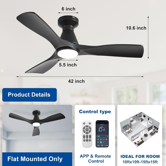 42-Inch Ceiling Fans with Lights: Black 3 Blade Flush Mount Low  Ceiling Fan for Bedroom - Dimmable Indoor Outdoor Fan with Remote APP Control Ultra Quiet  Motor Timer