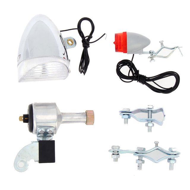 Motorized Bike Friction Power Generator Generation Dynamo Self-Powered Rear Taillight Kit by Doolland. Includes a 6V, 3W friction generator, a headlight, a rear taillight, and mounting hardware. Designed for universal bicycles, it is durable, easy to install, and ideal for bike enthusiasts and travelers.