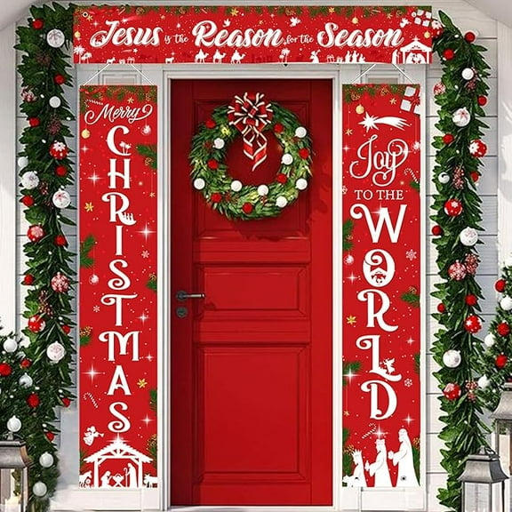 Christmas Nativity Door Banner, Red Merry Christmas Joy to the World Christmas Hanging Door Banner Jesus is the Reason for the Season Yard Banner for Outdoor Indoor Home Front Door
