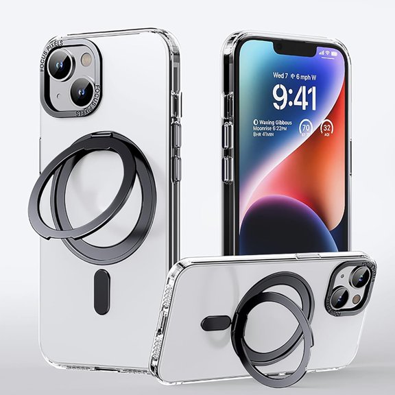 Compatible with iPhone 15 Magnetic Stand Case [Compatible with MagSafe] [Drop Protection] Shockproof Slim Case with Rotatable Invisible Kickstand for Men and Women, Clear/Black
