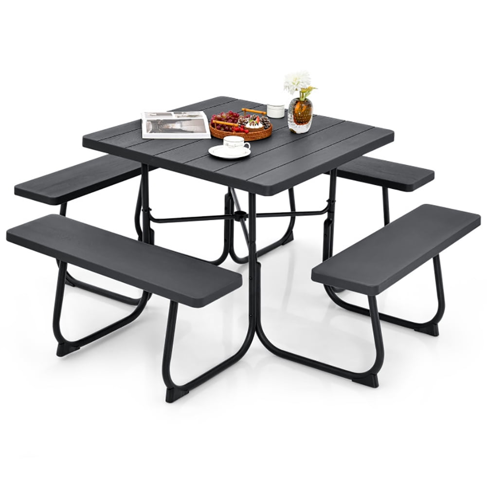 Aimee Lii Outdoor Picnic Table with 4 Benches and Umbrella Hole, Outdoor Patio Furniture, Black