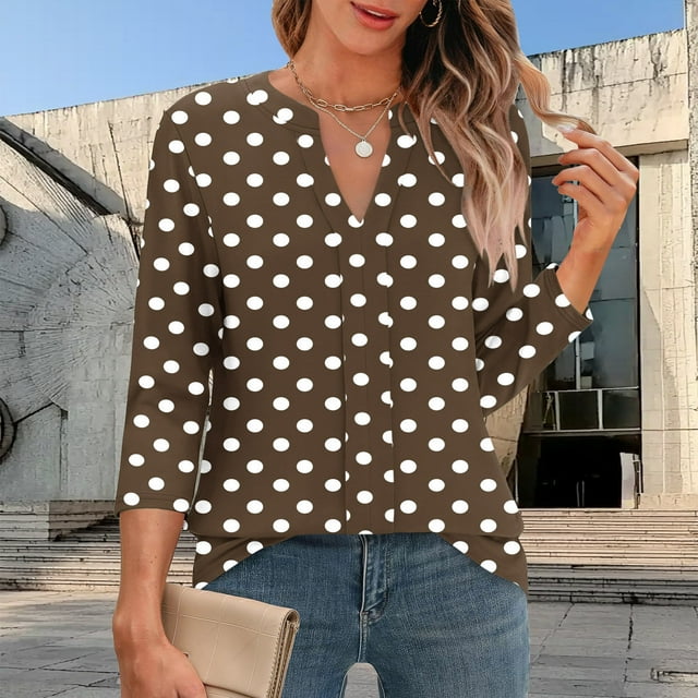 mfyjkho Tops Elegantes Para Mujer, Camiseta De Manga Tres Cuartos Con Cuello En V Y Lunares De Color Liso Para Mujer Tops Para Hacer Ejercicio Para Mujer Xl