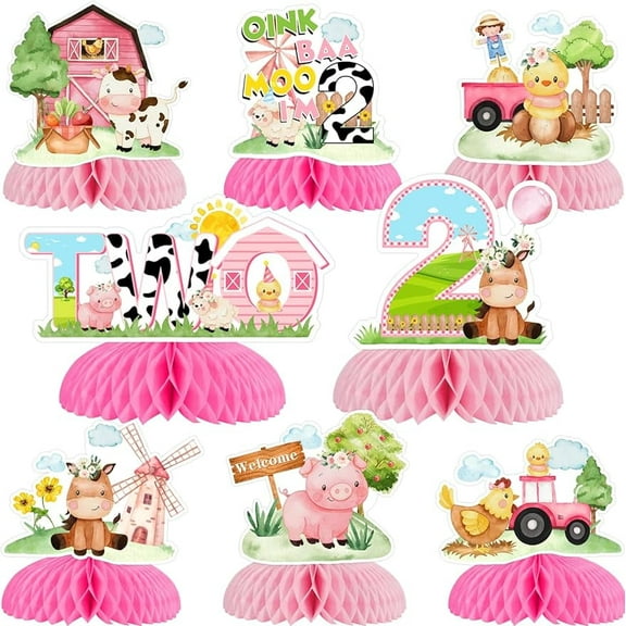 Farm Animal 2nd Birthday Party Decorations Girl - 8PCS Farm Animal Honeycomb Centerpieces, Pink Barnyard Birthday Decorations, Barn Animal 2 Years Old Birthday Party Decorations