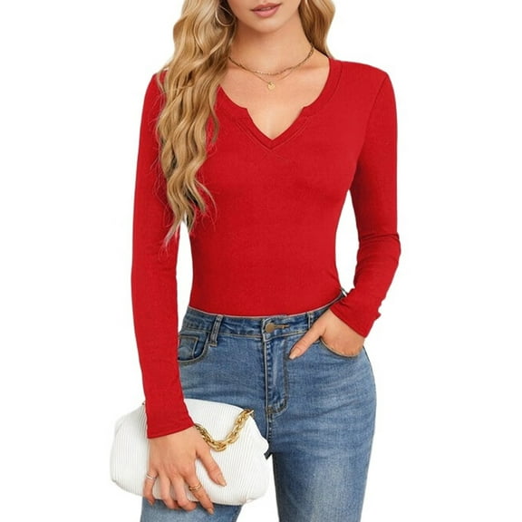 Women'S Ribbed Deep V-Neck Wrap Style Long Sleeve T-Shirt Casual Basic Stretch Top Red XXL