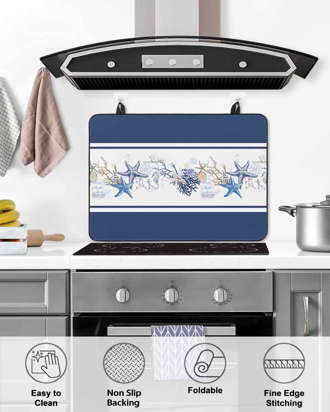 nqOlkjepod Large Induction Cooktop Protector Mat 28.5"x20.5", Navy Blue Coastal Stove Top Covers for Electric Stove, Summer Beach Starfish Coral Striped Stove Burner Cover Mats Stove Cover