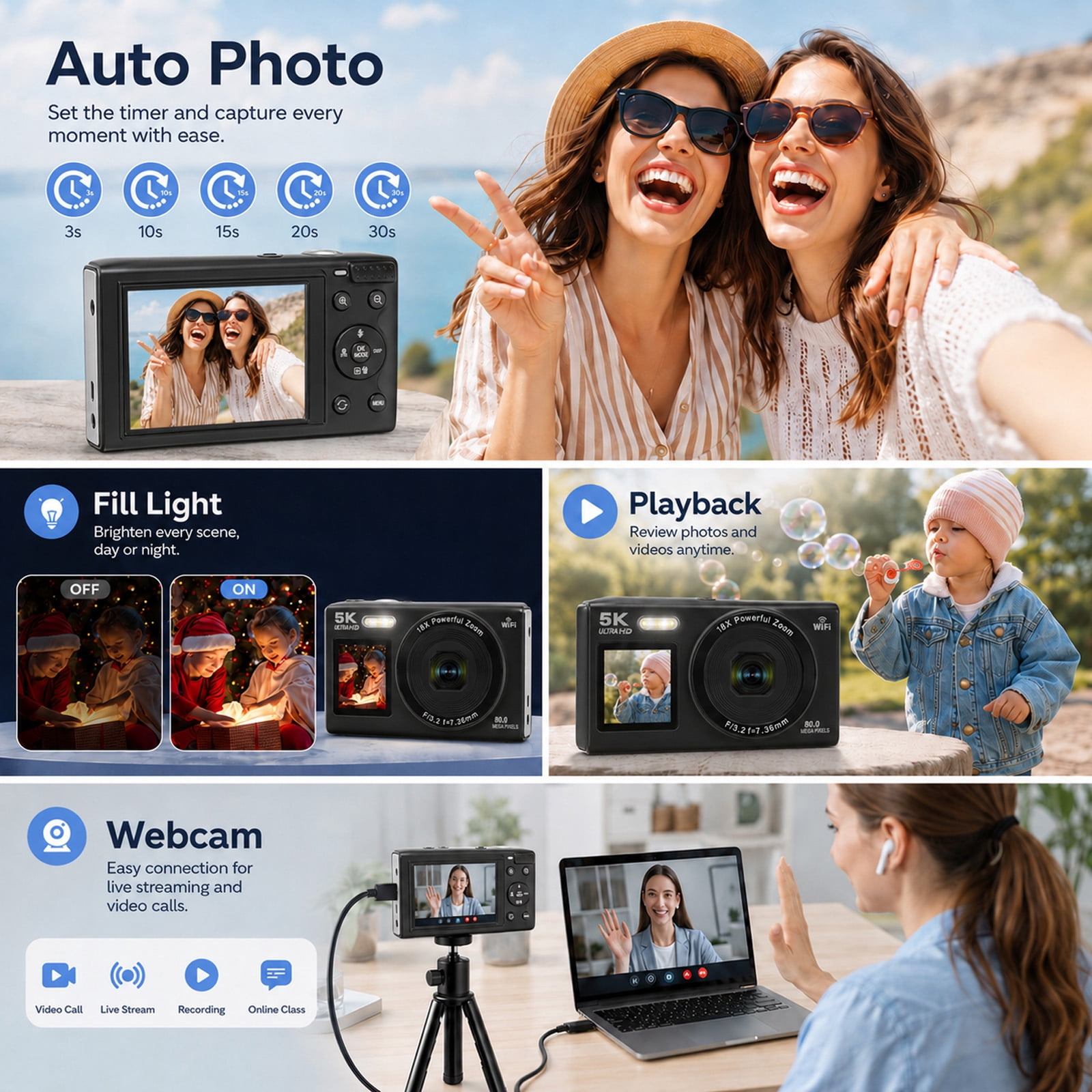 Ourlife 5K Digital Camera 80MP, Dual Screen WiFi Vlogging Device with 18X Zoom, Flash, 64GB Card, Point-and-Shoot for Teens Adults, Black