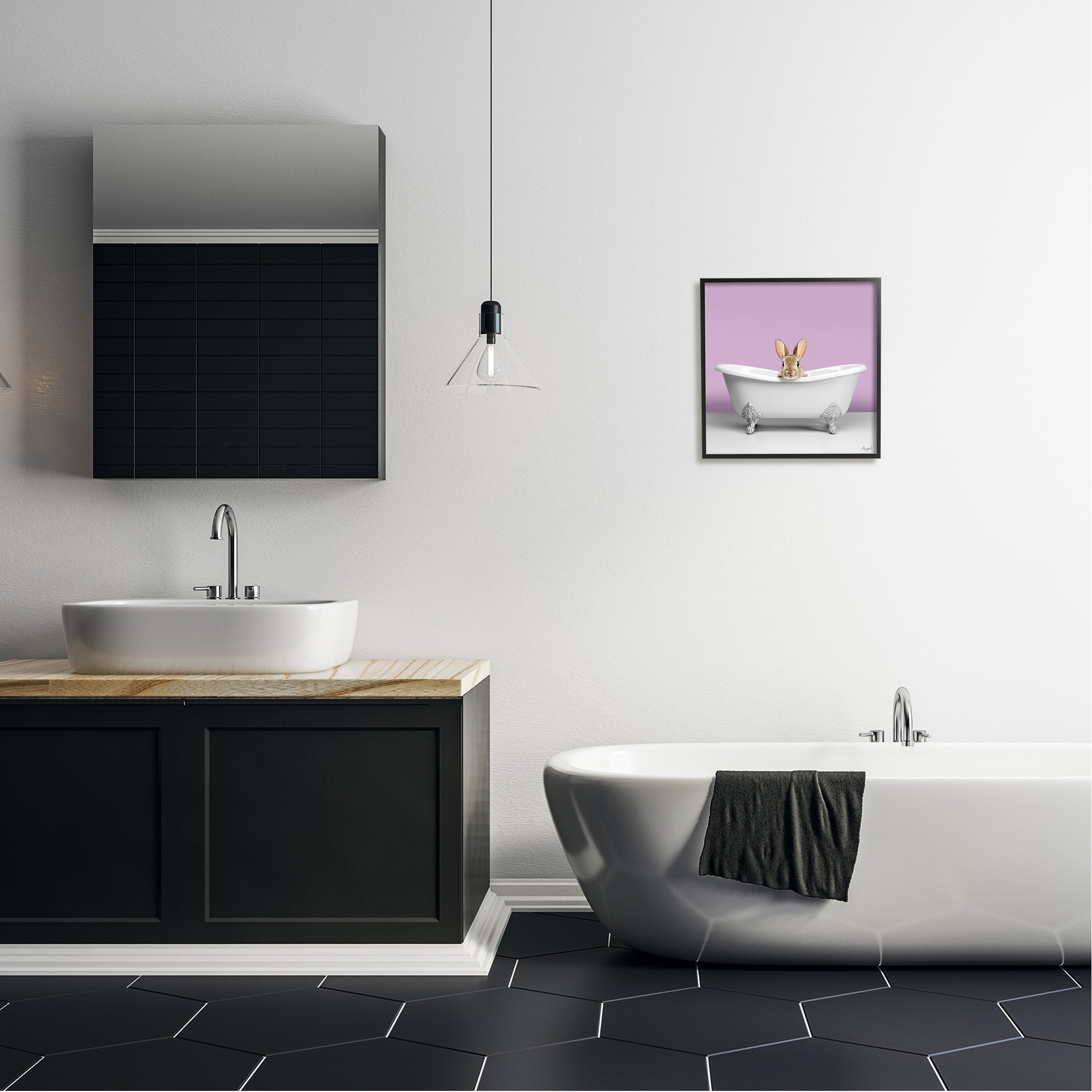 Stupell Industries Bunny in Tub on Purple Animals & Insects Painting Black Framed Art Print Wall Art, 17 x 17