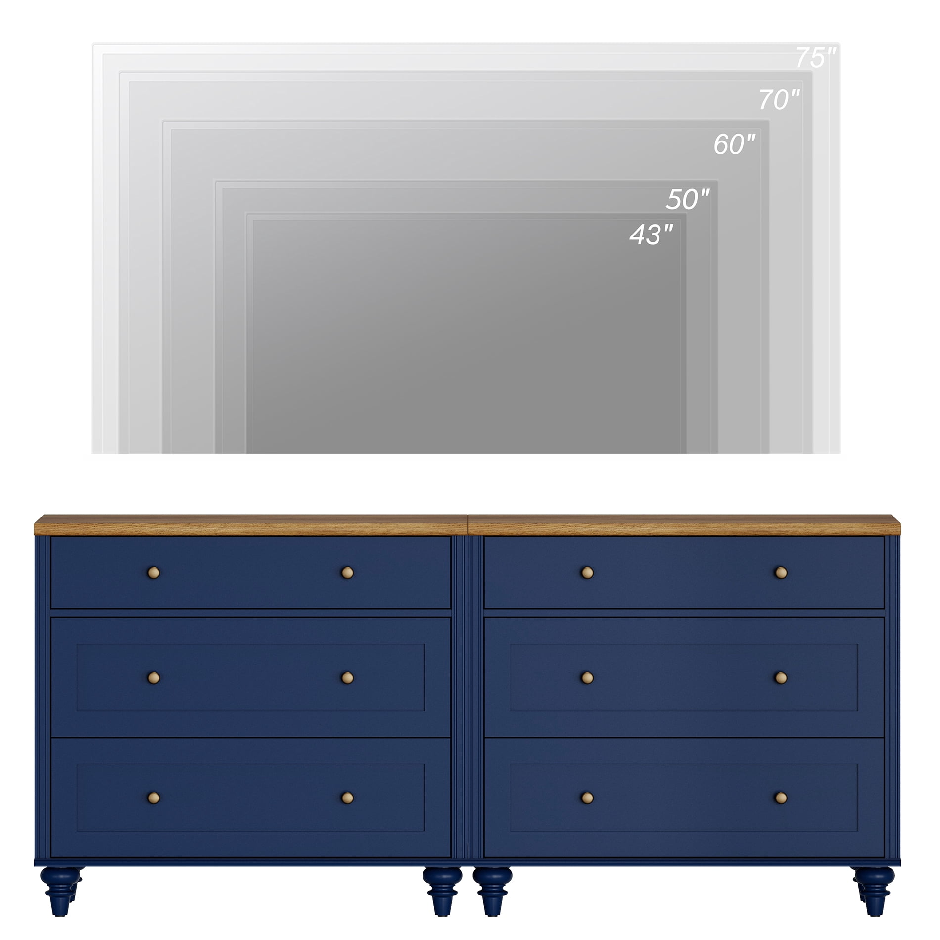 Dresser for Bedroom with 6 Drawers, Kids Dressers with Wide Chest of Drawer, Mid Century Modern Wooden Closet Storage Organizer, Large Wood Dressers for Living Room, Nursery, Hallway, Navy Blue