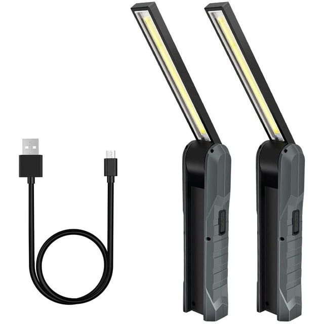 Lampe de Travail, 2 Pièces Baladeuse LED Rechargeable, 5 Modes Lampe Mecanicien Torche Pliable Lampe avec Base Magnétique Lampe d'Inspection pour Camping, Réparation Automobile, Gris