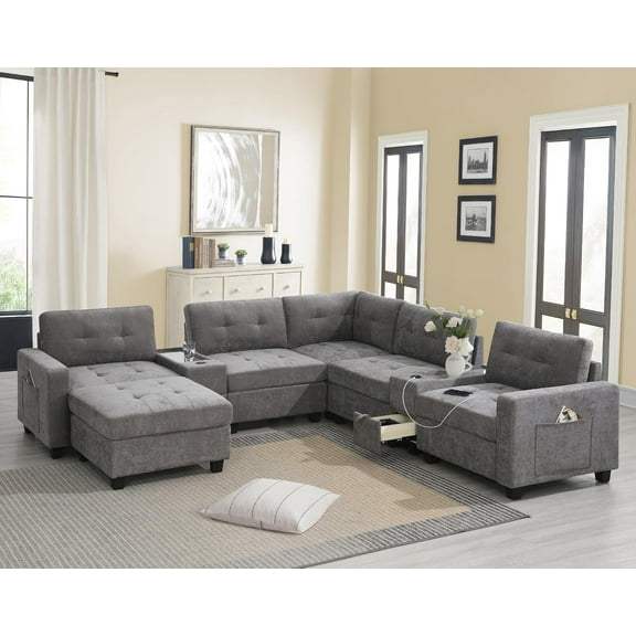 Merax 104 * 104" Chenille Sectional Couches with 2 Acrylic Consoles, Upholstered Modular Tufted Sofa Chaise with Ottoman, Storage Drawers, Pockets, USB Charger & Cup Holders for Living Room Apartment