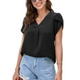 thumbnail image 2 of Blusas de gasa de manga corta con pétalos,Blusas sueltas informales para mujer, blusas de gasa de verano con escote en V, probadas y confiables, 2 of 6
