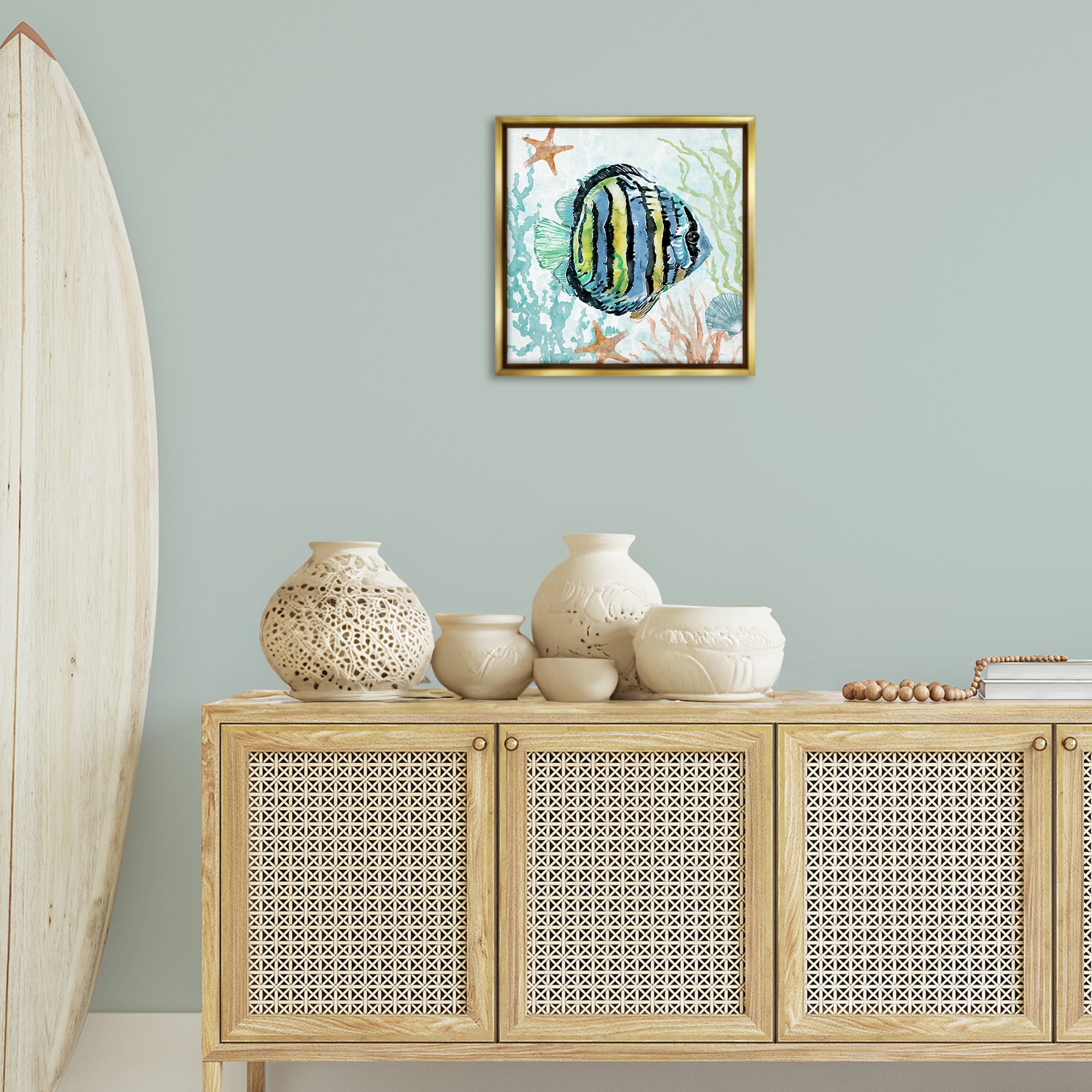 Stupell Industries Striped Angel Fish Animals Painting Gold Floater Framed Canvas Art Print Wall Art, 18 x 18