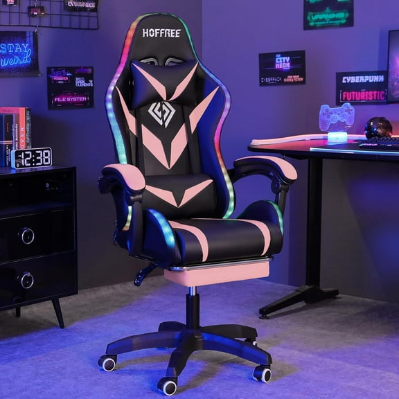 HOFFREE Gaming Chair with Speakers ANG Lights Massage Computer Gaming Chair with Footrest High Back Video Game Chair for Girls Pink and Black