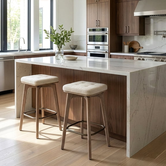 Set of 2 Beckham Beige Woven Fabric Backless Counter Stool with Natural Wood Legs